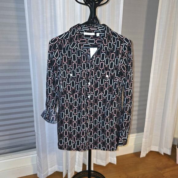 Notations Tops - Notations Black Chain Pattern Button Up Shirt Size Med NWT